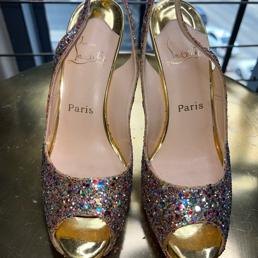 Christian Louboutin Multicolor Glitter Peep-Toe Slingback Heels